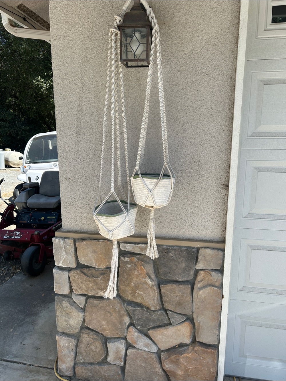 Levi's Cream Macramé Hanging Planters with Green Liner
